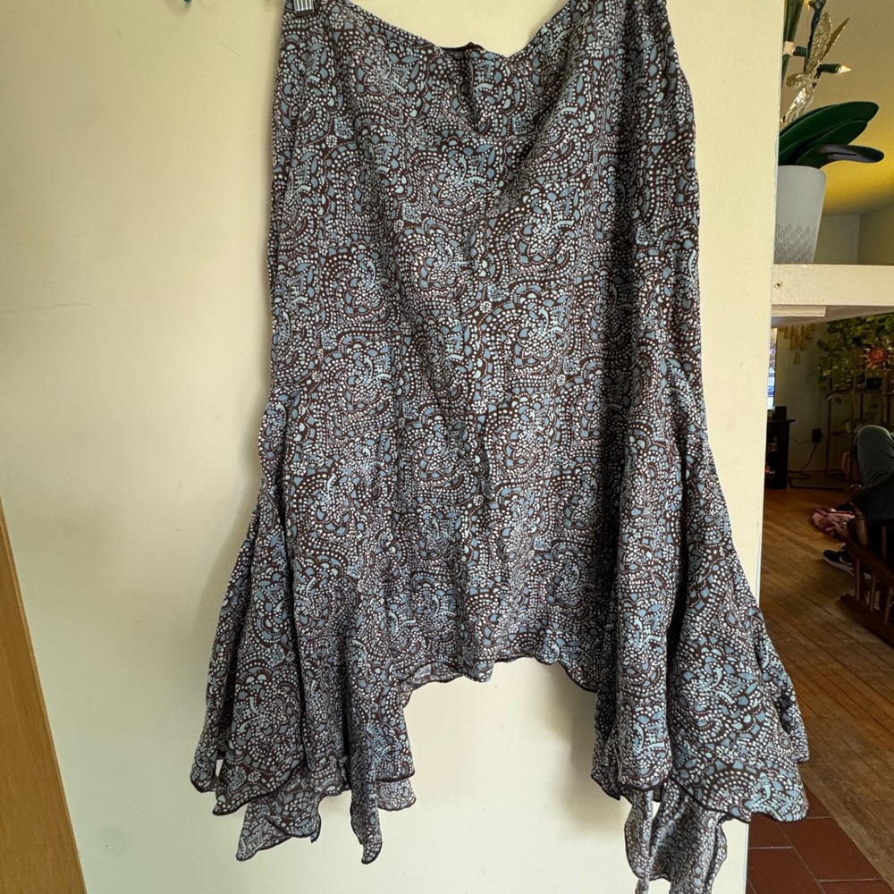 a.n.a Brown and Light Blue Paisley Asymmetrical Midi Skirt